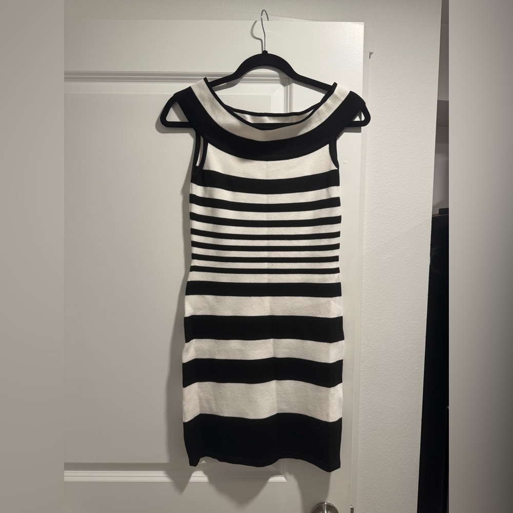 Bebe Black/White Off the Shoulder Mini Dress
